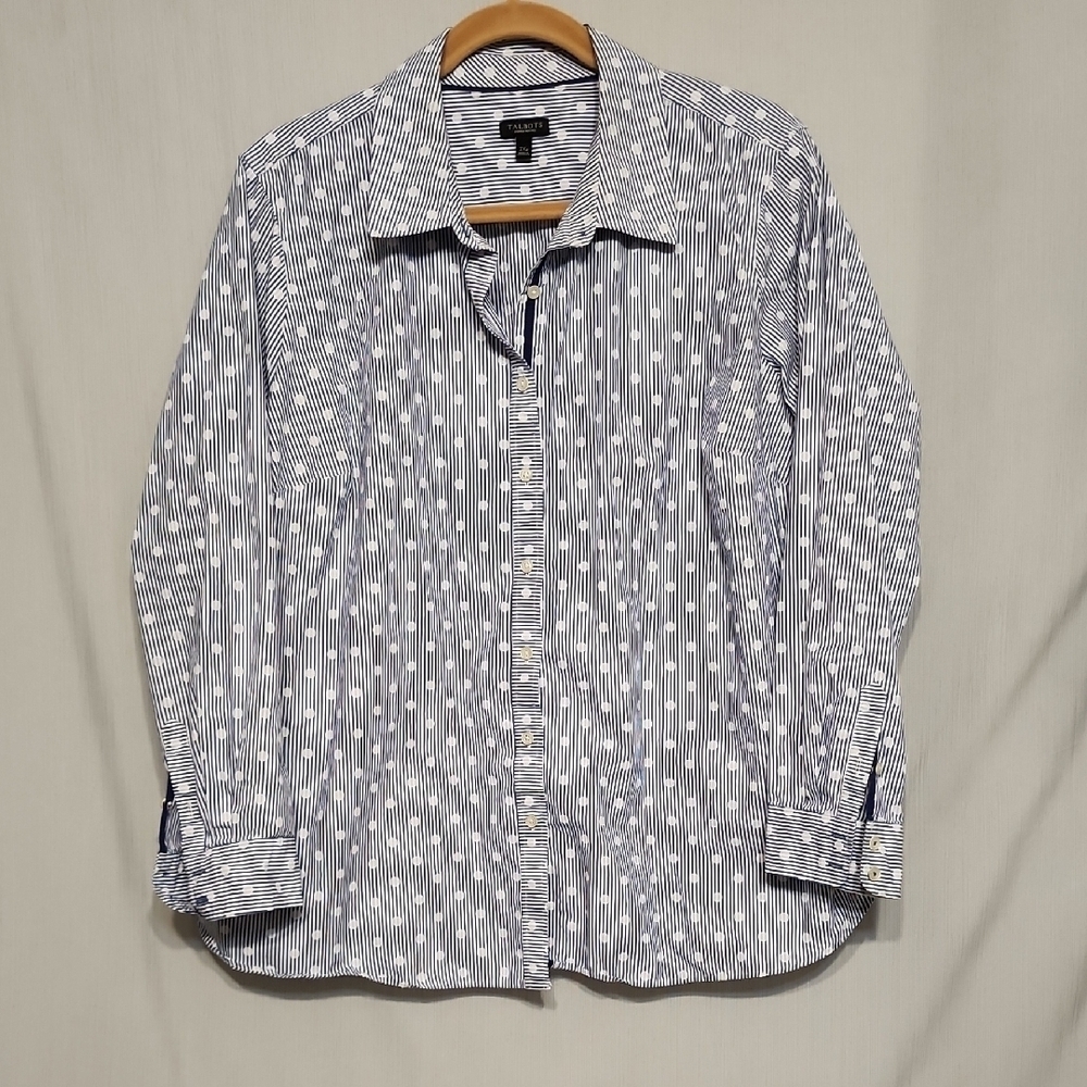 Talbots Petites 2X Plus Petite Seersucker Stripe Polka Dot Long Sleeve Button Up